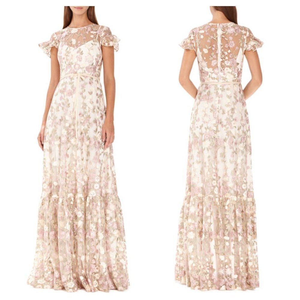 NEW Monique Lhuillier Size 12 Floral Embroidered Gown Maxi Long Formal Dress